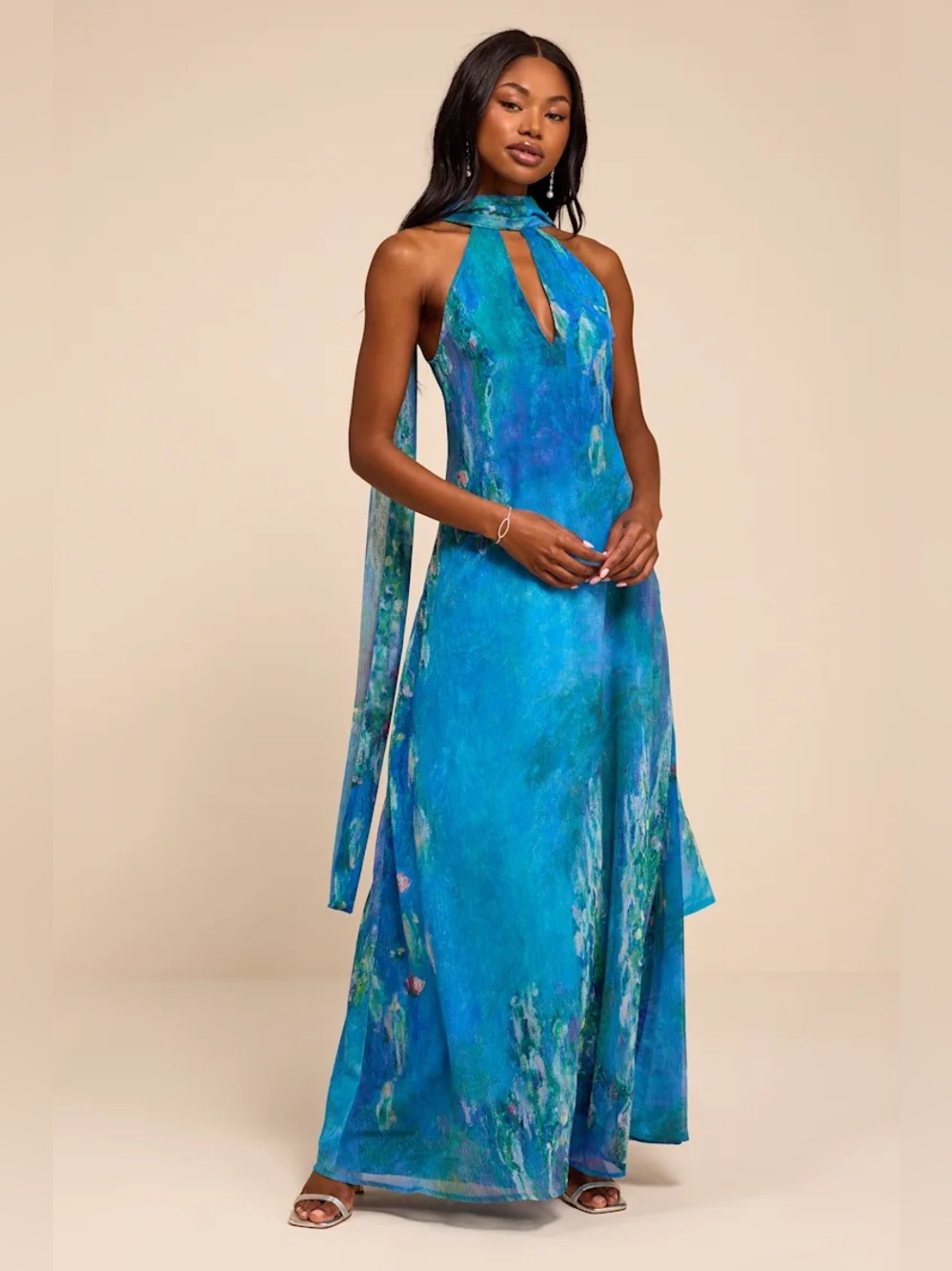 Lulu's Calixta Blue Halter Maxi Dress with Scarf